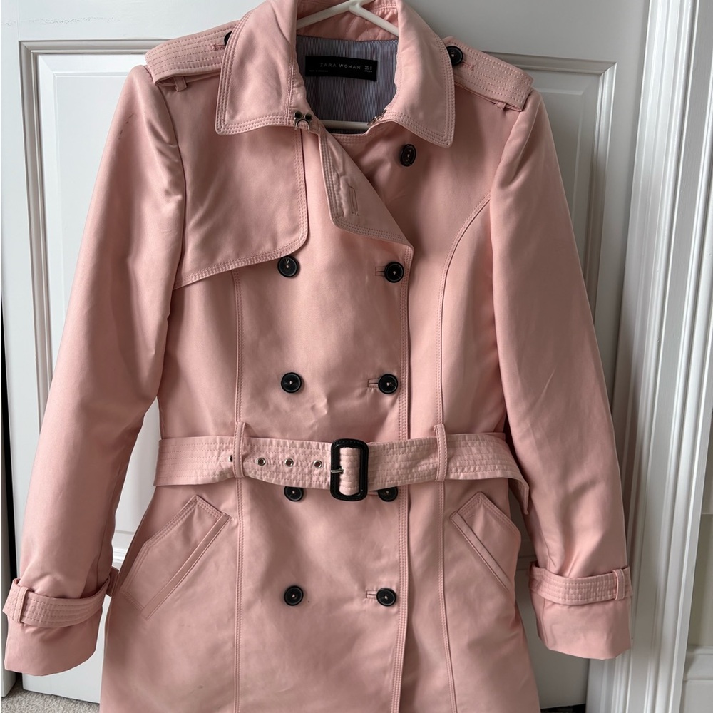 Zara Pink Trench Coat with Belted Waist and Epaulettes